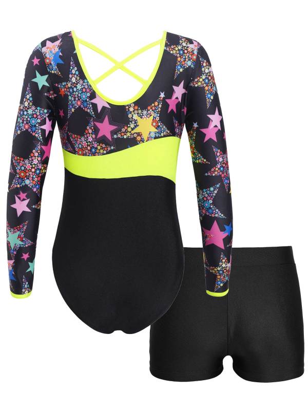 Kids Girls Long Sleeve Printed Leotard with Shorts Sports Sets thumb