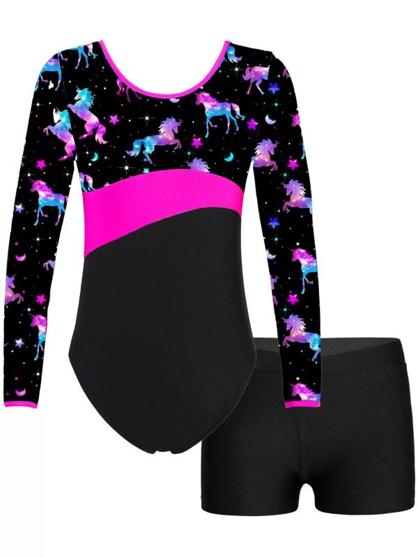 Kids Girls Long Sleeve Printed Leotard with Shorts Sports Sets thumb