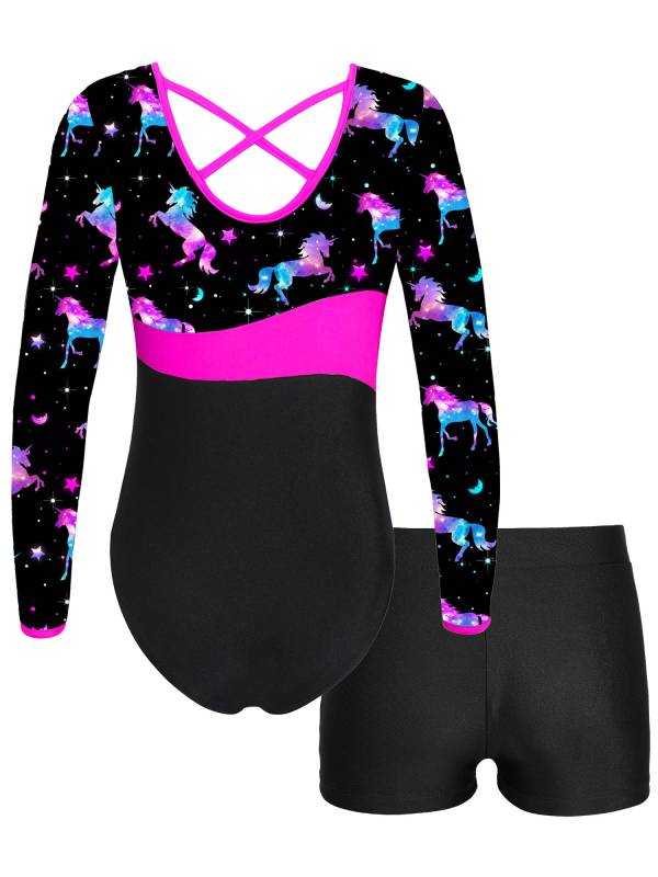 Kids Girls Long Sleeve Printed Leotard with Shorts Sports Sets thumb