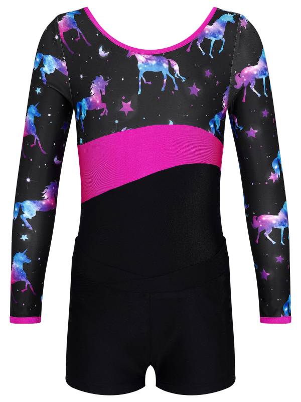Kids Girls Long Sleeve Printed Leotard with Shorts Sports Sets thumb