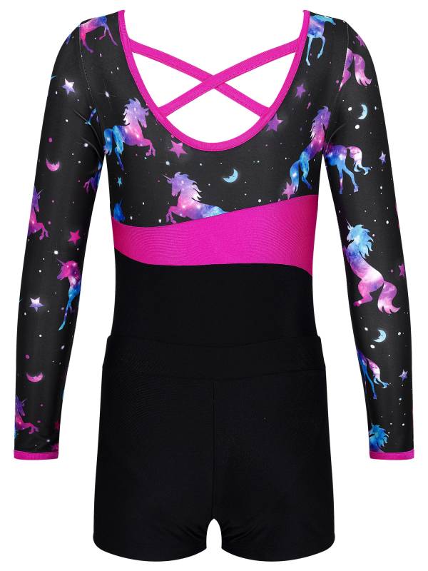 Kids Girls Long Sleeve Printed Leotard with Shorts Sports Sets thumb