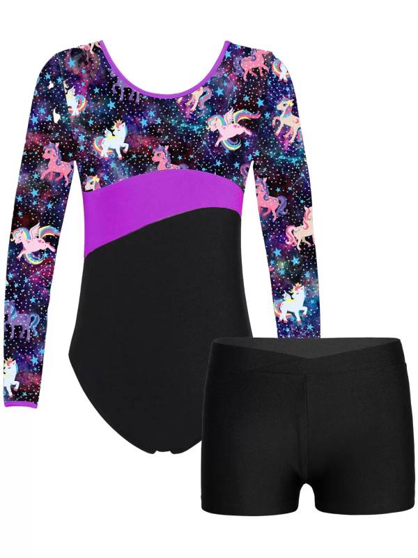 Kids Girls Long Sleeve Printed Leotard with Shorts Sports Sets thumb