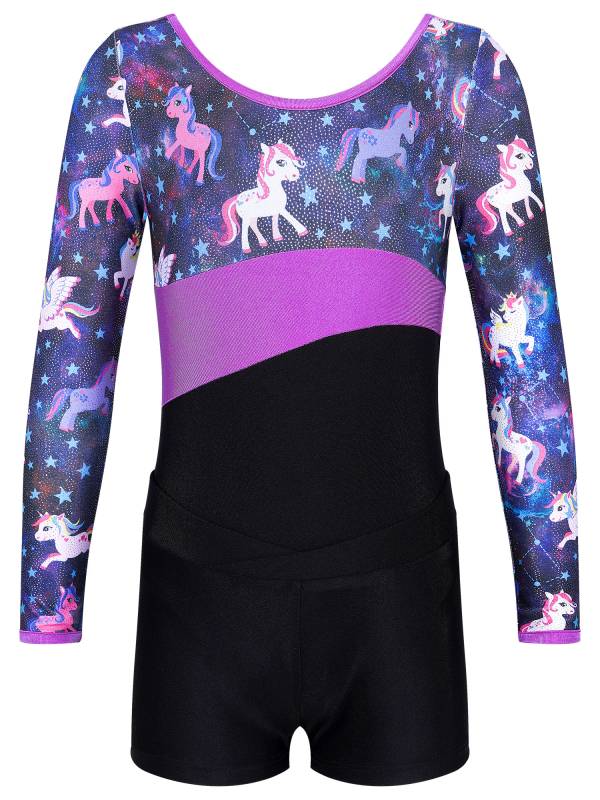 Kids Girls Long Sleeve Printed Leotard with Shorts Sports Sets thumb