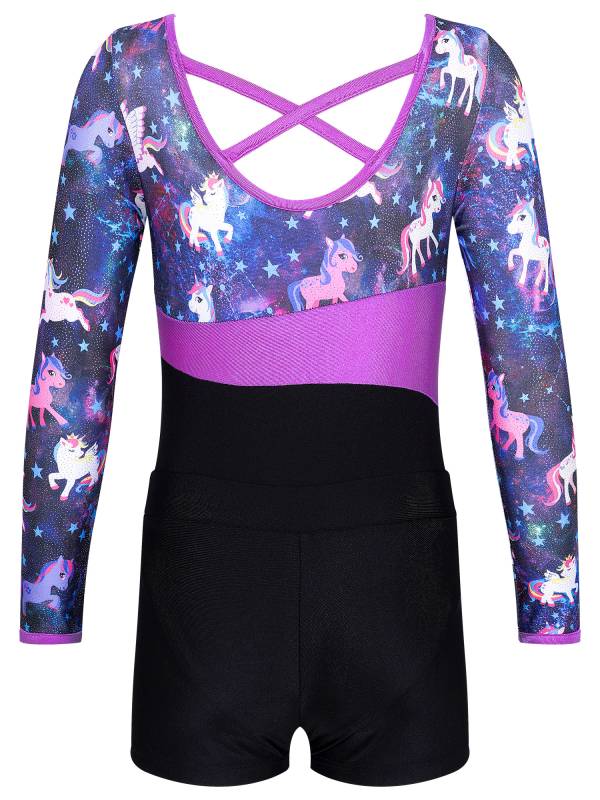Kids Girls Long Sleeve Printed Leotard with Shorts Sports Sets thumb