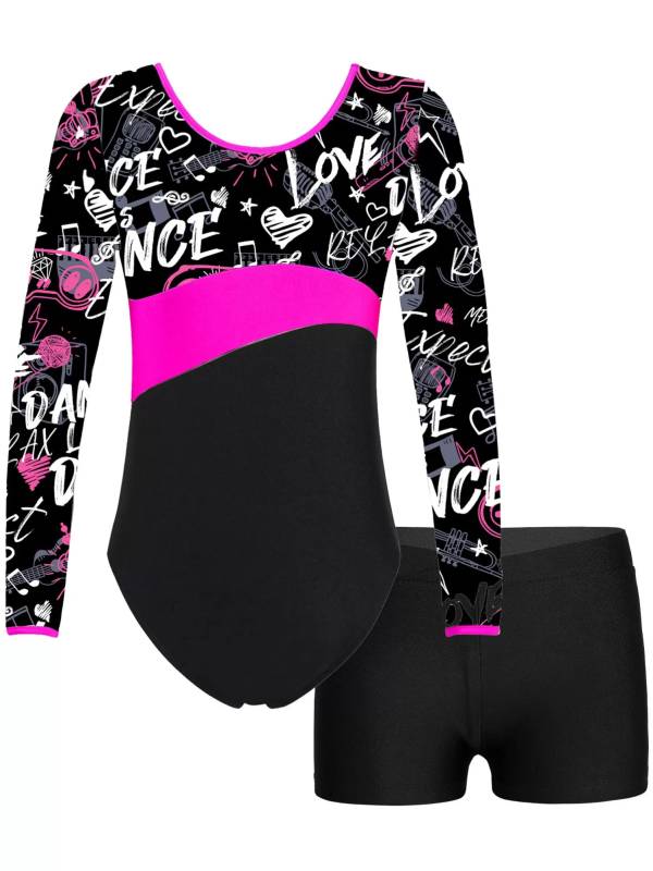 Kids Girls Long Sleeve Printed Leotard with Shorts Sports Sets thumb