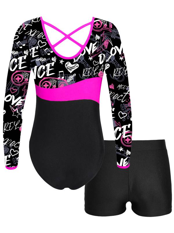 Kids Girls Long Sleeve Printed Leotard with Shorts Sports Sets thumb