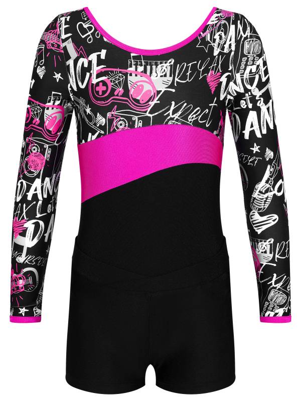 Kids Girls Long Sleeve Printed Leotard with Shorts Sports Sets thumb
