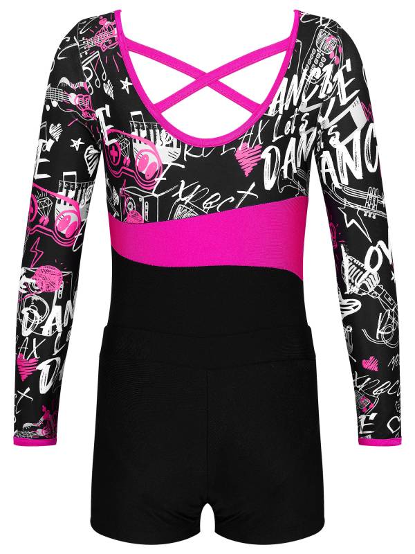 Kids Girls Long Sleeve Printed Leotard with Shorts Sports Sets thumb