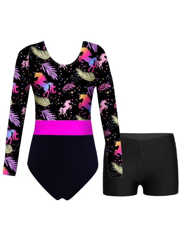Girls 2pcs Long Sleeve Round Neck Leotard and Shorts Gymnastics Set thumb