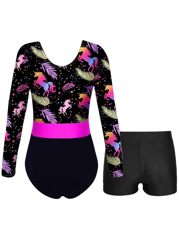 Girls 2pcs Long Sleeve Round Neck Leotard and Shorts Gymnastics Set thumb