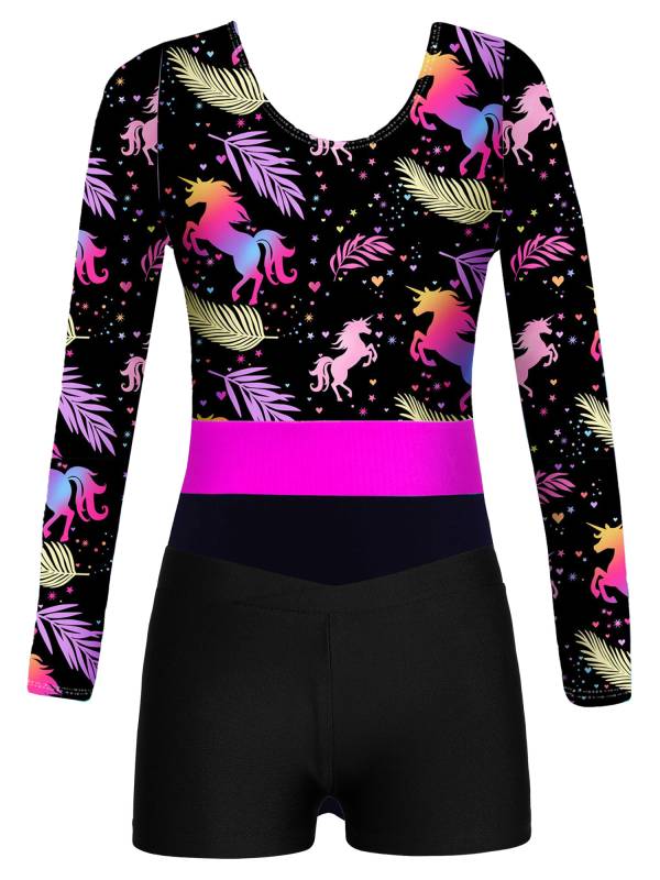 Girls 2pcs Long Sleeve Round Neck Leotard and Shorts Gymnastics Set thumb