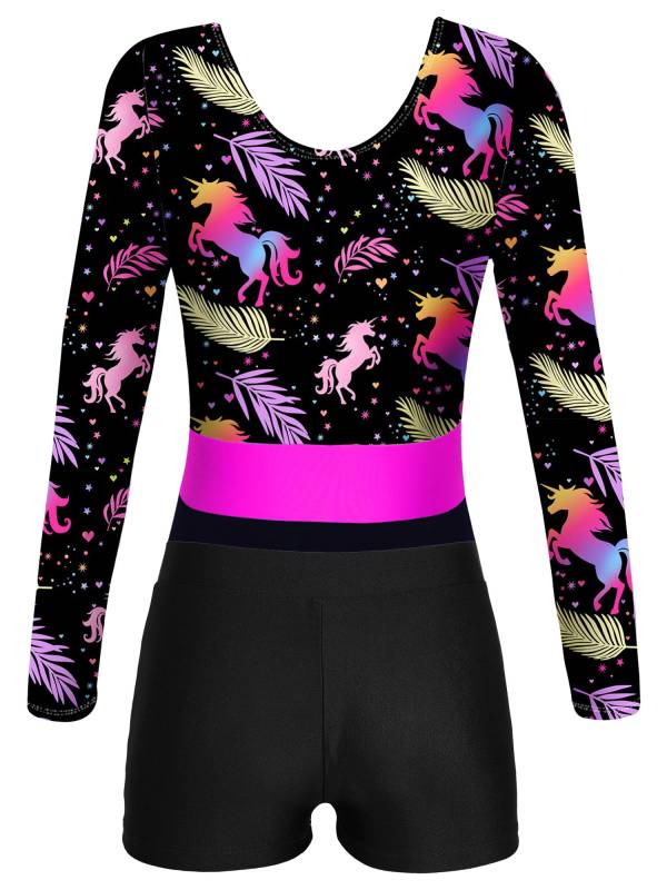 Girls 2pcs Long Sleeve Round Neck Leotard and Shorts Gymnastics Set thumb