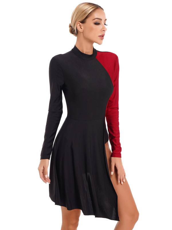 Women Color Block Long Sleeve Lyrical Dance Leotard Dress thumb