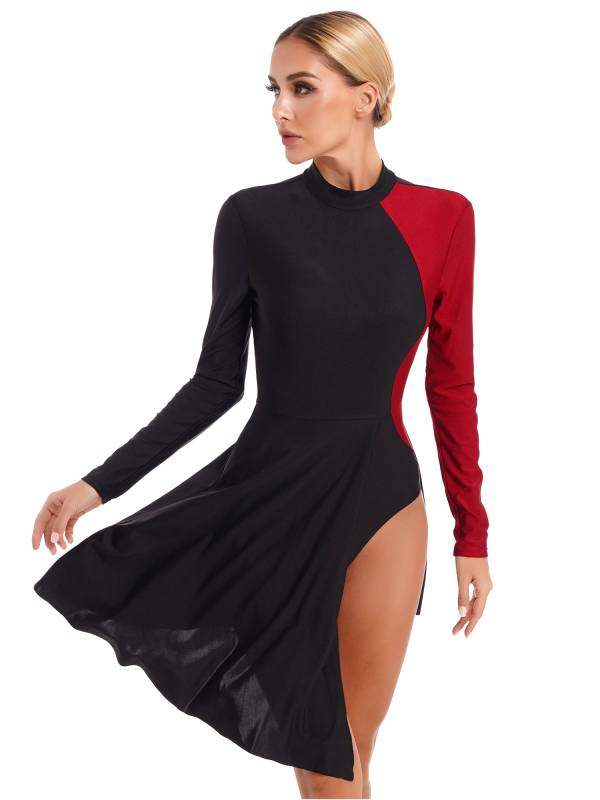 Women Color Block Long Sleeve Lyrical Dance Leotard Dress thumb