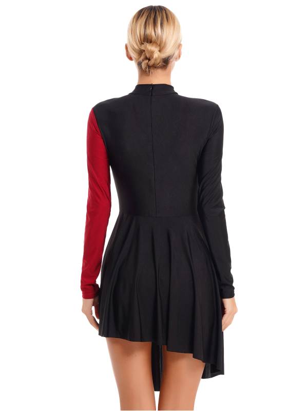 Women Color Block Long Sleeve Lyrical Dance Leotard Dress thumb
