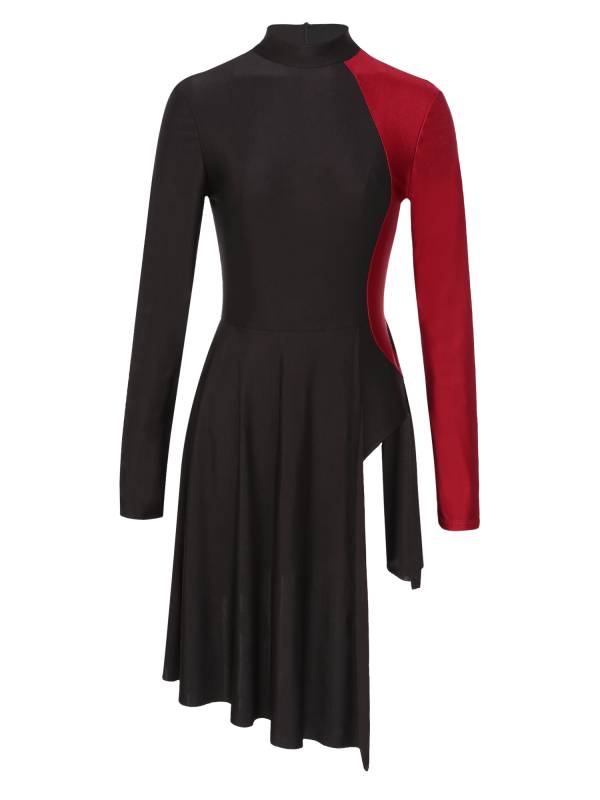 Women Color Block Long Sleeve Lyrical Dance Leotard Dress thumb