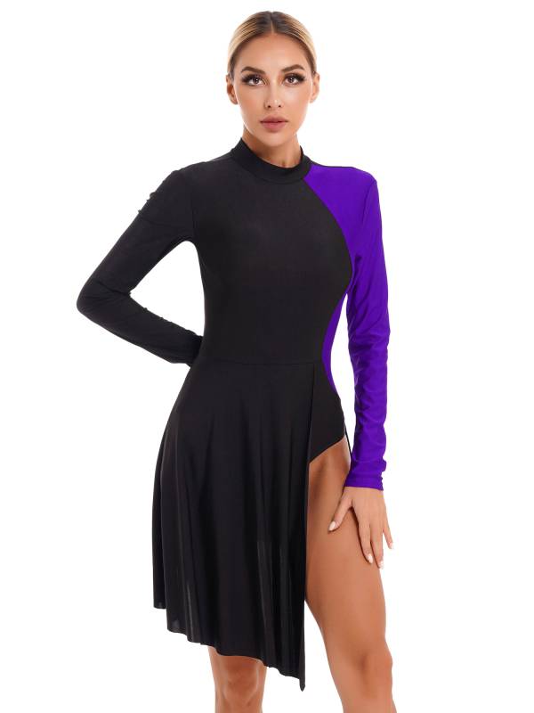 Women Color Block Long Sleeve Lyrical Dance Leotard Dress thumb