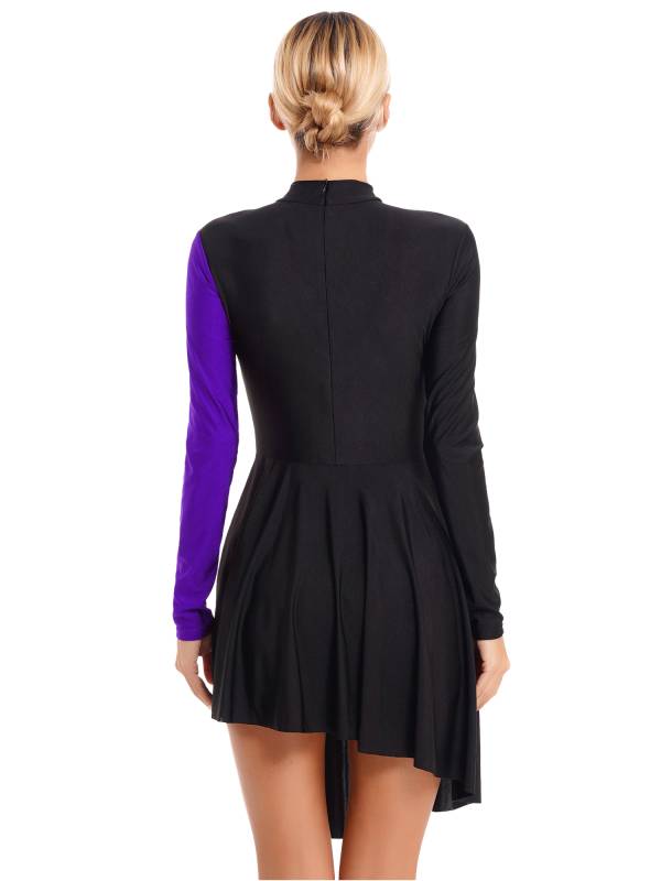 Women Color Block Long Sleeve Lyrical Dance Leotard Dress thumb