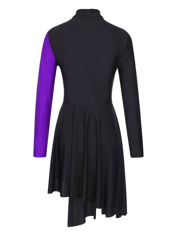 Women Color Block Long Sleeve Lyrical Dance Leotard Dress thumb