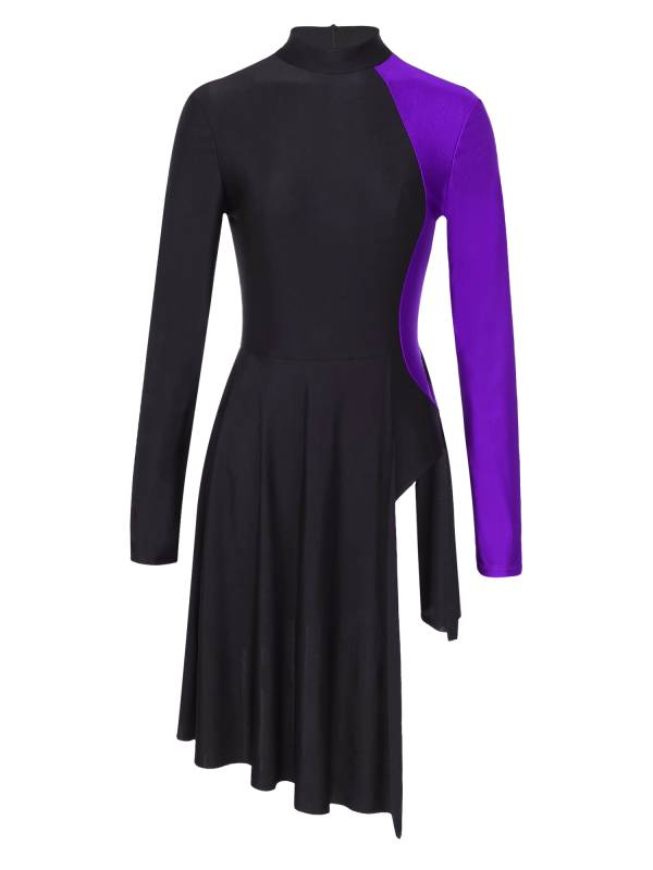 Women Color Block Long Sleeve Lyrical Dance Leotard Dress thumb