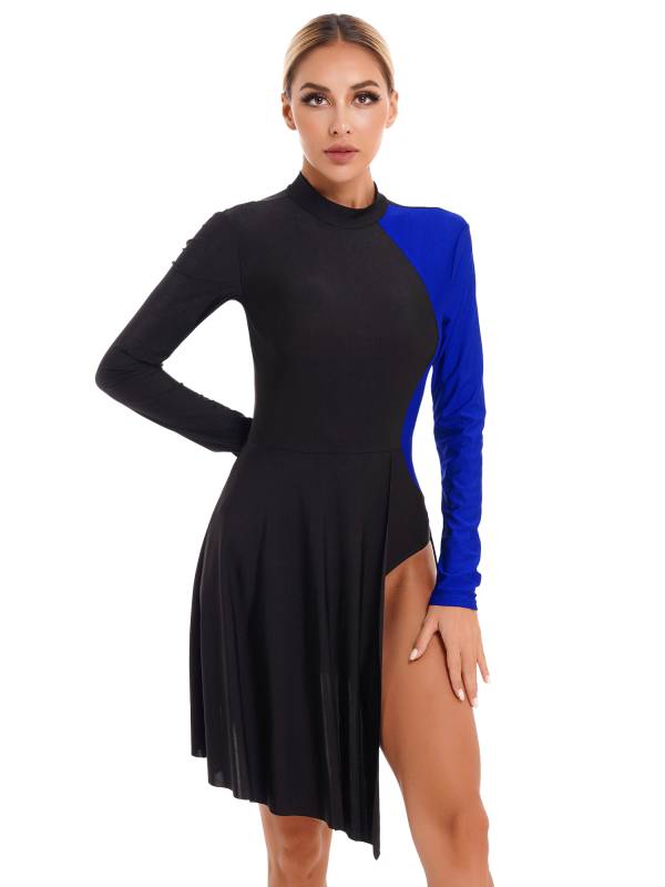 Women Color Block Long Sleeve Lyrical Dance Leotard Dress thumb