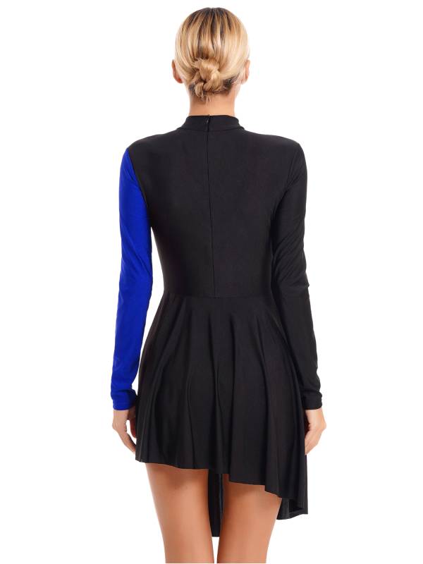 Women Color Block Long Sleeve Lyrical Dance Leotard Dress thumb