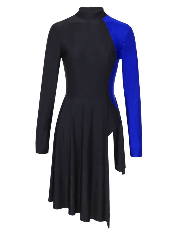 Women Color Block Long Sleeve Lyrical Dance Leotard Dress thumb