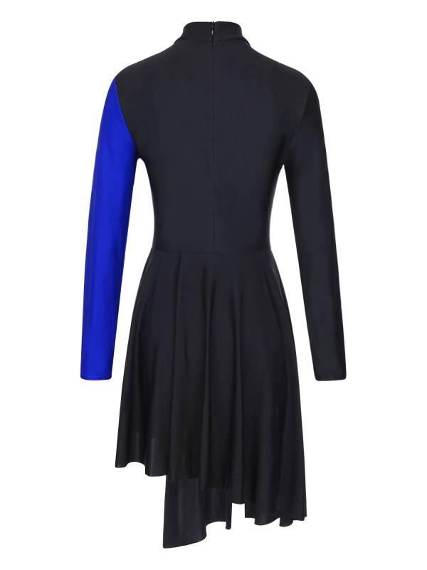 Women Color Block Long Sleeve Lyrical Dance Leotard Dress thumb