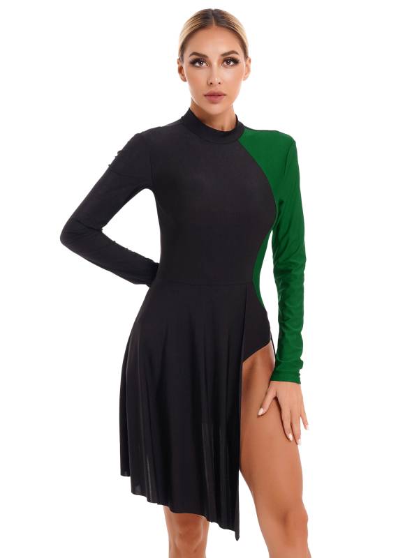 Women Color Block Long Sleeve Lyrical Dance Leotard Dress thumb