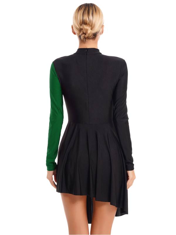 Women Color Block Long Sleeve Lyrical Dance Leotard Dress thumb