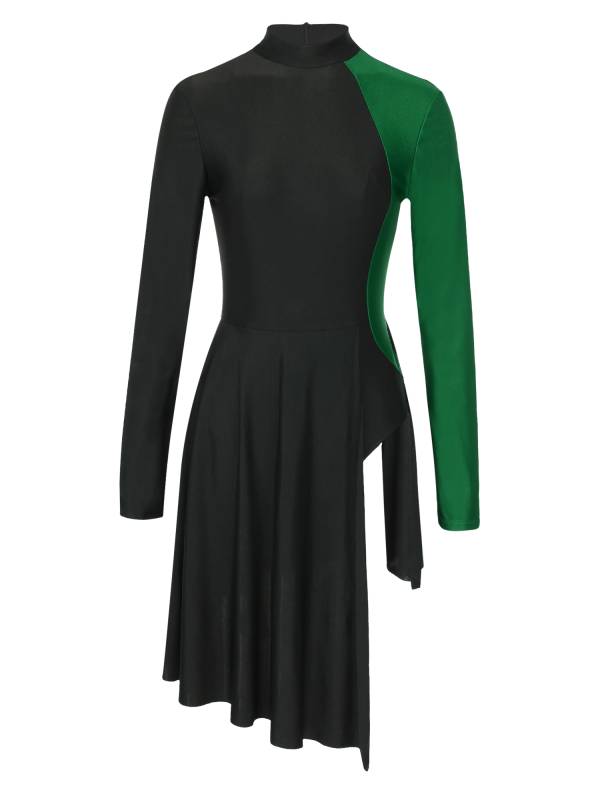 Women Color Block Long Sleeve Lyrical Dance Leotard Dress thumb