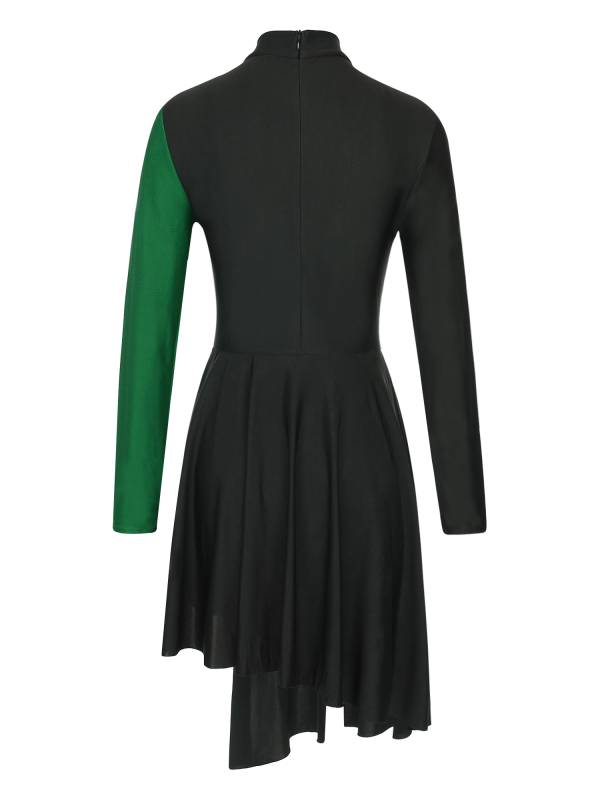 Women Color Block Long Sleeve Lyrical Dance Leotard Dress thumb