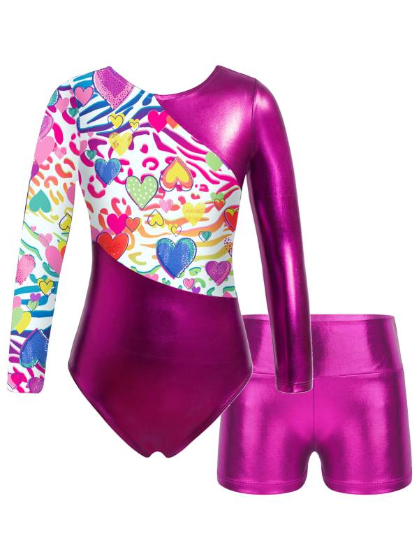 Kids Girls Long Sleeve Printed Patchwork Leotard with Shorts Sport Set thumb