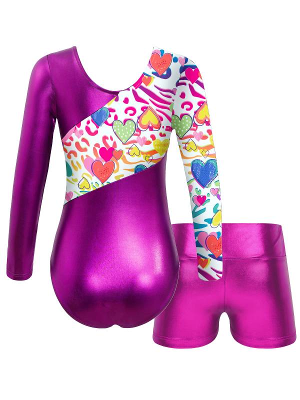 Kids Girls Long Sleeve Printed Patchwork Leotard with Shorts Sport Set thumb