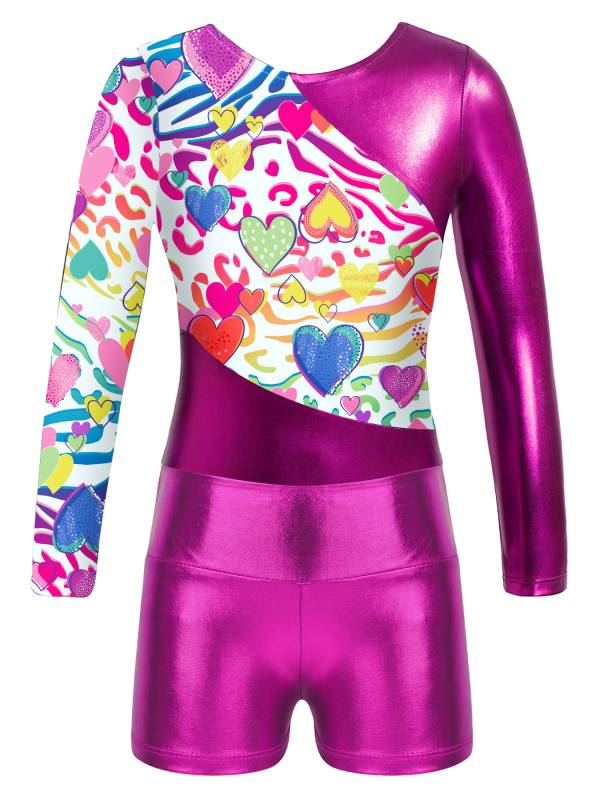 Kids Girls Long Sleeve Printed Patchwork Leotard with Shorts Sport Set thumb