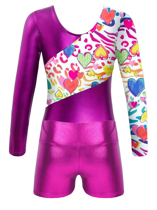 Kids Girls Long Sleeve Printed Patchwork Leotard with Shorts Sport Set thumb