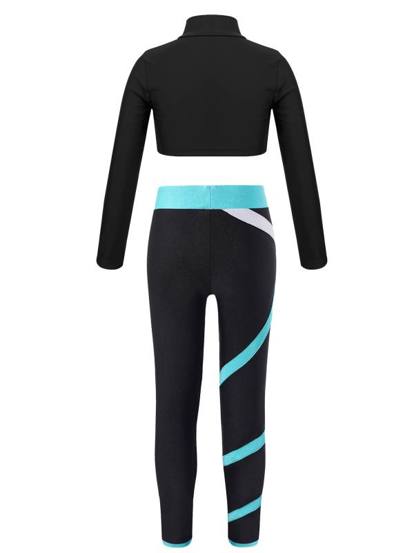 Kids Girls 2pcs Long Sleeves Crop Top and Colorblock Leggings Sports Set thumb