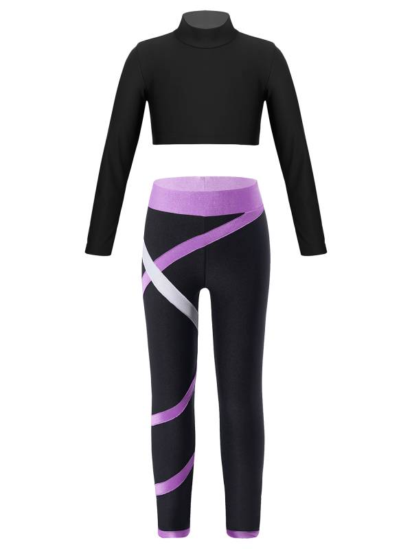 Kids Girls 2pcs Long Sleeves Crop Top and Colorblock Leggings Sports Set thumb