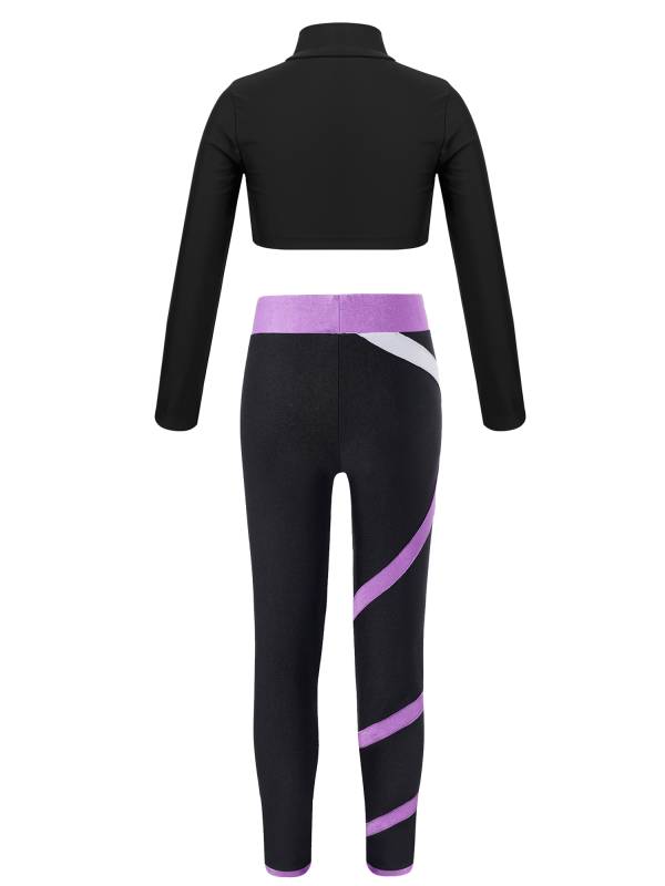 Kids Girls 2pcs Long Sleeves Crop Top and Colorblock Leggings Sports Set thumb