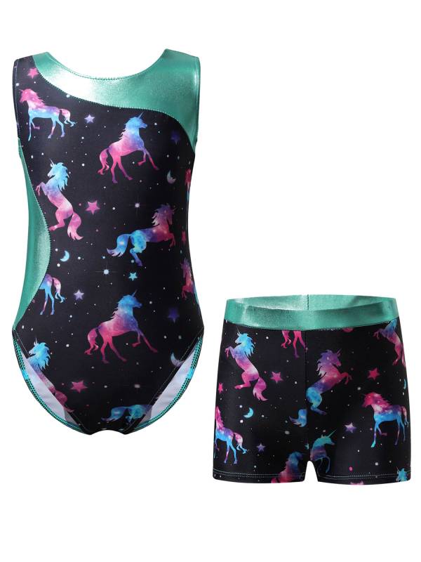 Kids Girls 2pcs Unicorn Rainbow Printed Gymnastics Dance Sets thumb