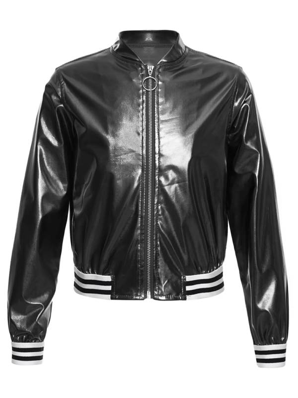 Kids Girls Glossy Long Sleeve Zipper Jacket Coat thumb
