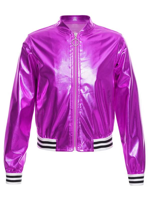 Kids Girls Glossy Long Sleeve Zipper Jacket Coat thumb
