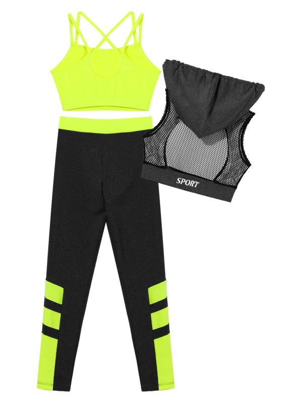Kids Girls 3Pcs Camisole Mesh Hooded Crop Top and Pants Sport Sets thumb