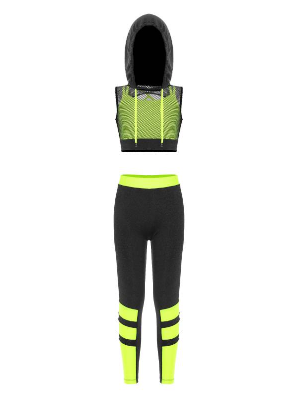 Kids Girls 3Pcs Camisole Mesh Hooded Crop Top and Pants Sport Sets thumb