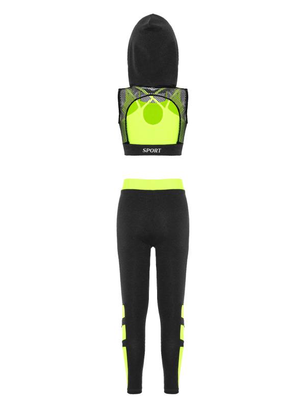 Kids Girls 3Pcs Camisole Mesh Hooded Crop Top and Pants Sport Sets thumb