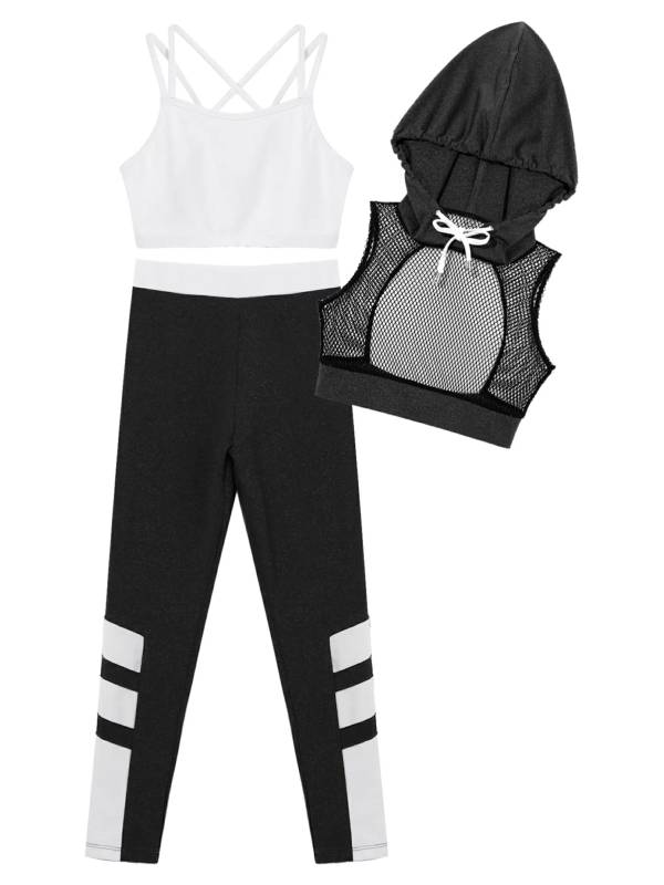 Kids Girls 3Pcs Camisole Mesh Hooded Crop Top and Pants Sport Sets thumb