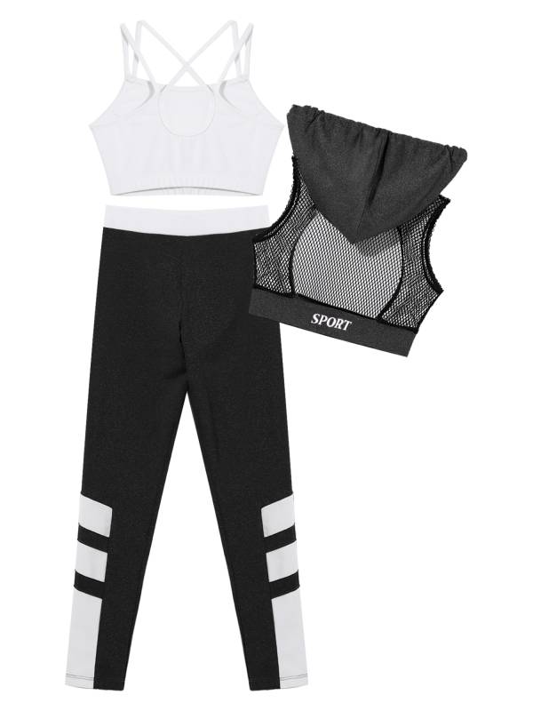 Kids Girls 3Pcs Camisole Mesh Hooded Crop Top and Pants Sport Sets thumb