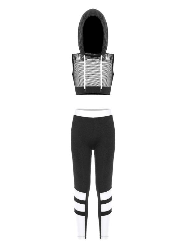 Kids Girls 3Pcs Camisole Mesh Hooded Crop Top and Pants Sport Sets thumb