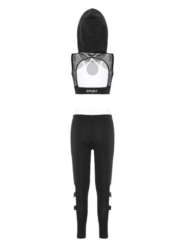 Kids Girls 3Pcs Camisole Mesh Hooded Crop Top and Pants Sport Sets thumb