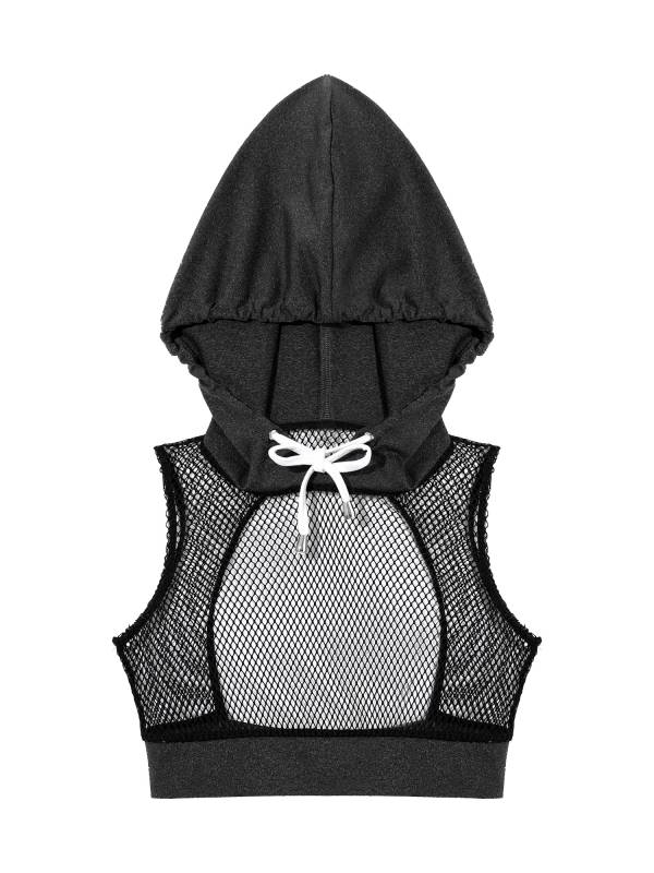 Kids Girls 3Pcs Camisole Mesh Hooded Crop Top and Pants Sport Sets thumb